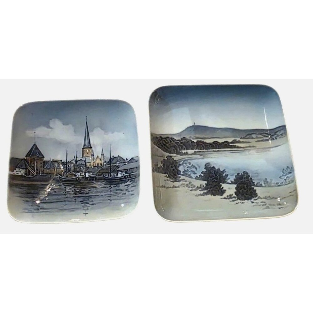 2‎ Vintage Tinket Dishes Royal Copenhagen Square Porcelain Landscape Scenes 4.5"